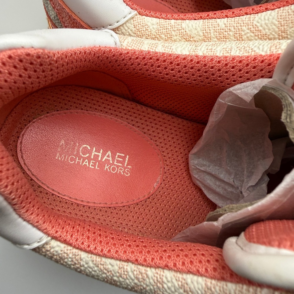 Michael Kors Womens Low Top Sneakers Coral White Logo Mesh Trainers Rose Gold - Picture 7 of 11